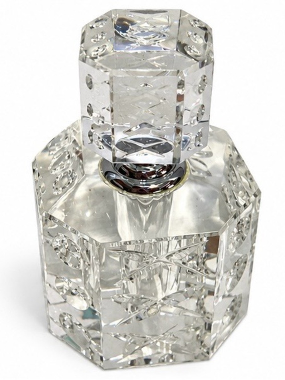 Oleg Cassini Signed Leaded Crystal Cut Glass Carved Perfume Bottle 4" Empty - Picture 4 of 6